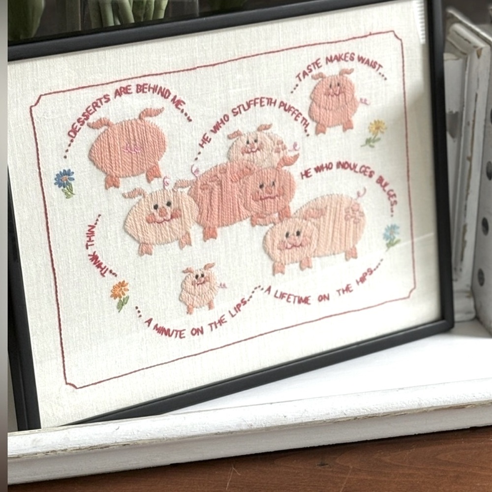 Vintage Pig Cross Stitched Picture. Kitchen | Humorous | Kitschy 17”x12.5”